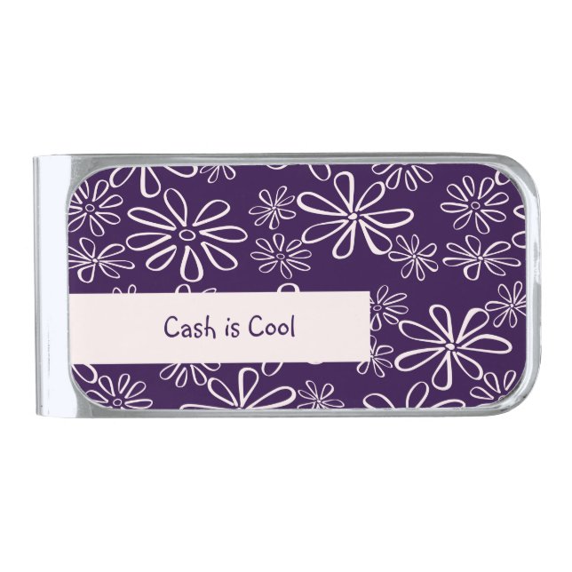 Pretty Blush Purple Floral Pattern Cash is Cool Silver Finish Money Clip (Front)