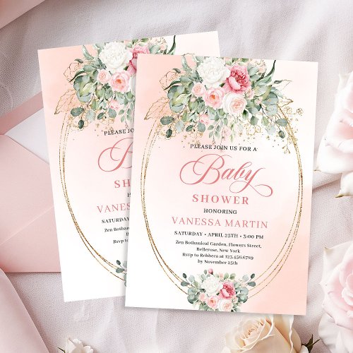 Pretty Blush Rose Girl Baby Shower Party Invite