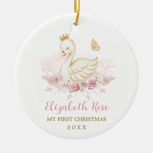 Pretty Blush Swan Princess Baby 1st Christmas Ceramic Ornament