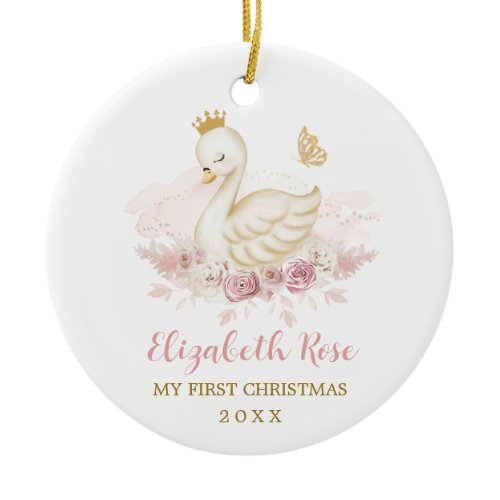 Pretty Blush Swan Princess Baby 1st Christmas Ceramic Ornament