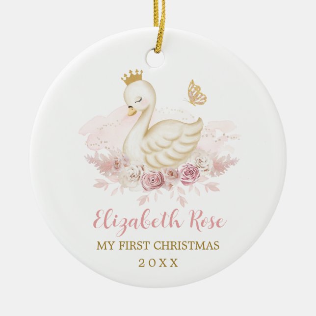 Pretty Blush Swan Princess Baby 1st Christmas Ceramic Ornament (Front)