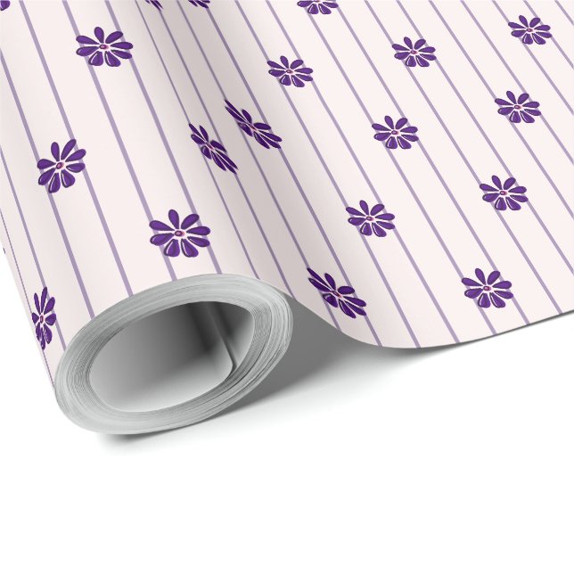 Pretty Blush & Violet Stripes & Purple Flowers Wrapping Paper (Roll Corner)