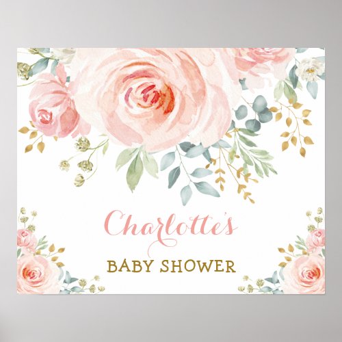 Pretty Blush Watercolor Roses Baby Shower Party Poster