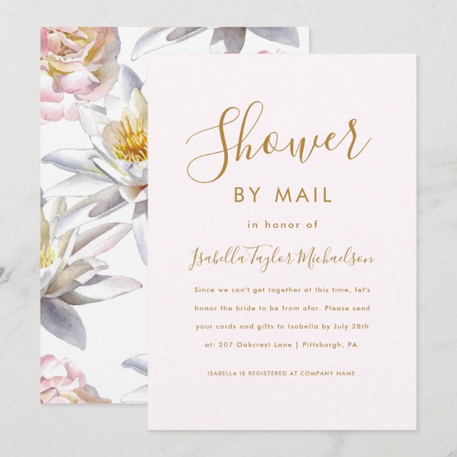 Pretty Blush with Floral Bridal Shower by Mail Invitation (Front/Back)