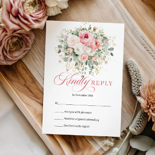 Pretty Bohemian Blush Roses Gold Wedding RSVP Card