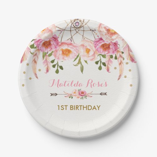 Pretty Bohemian Floral Dreamcatcher  Pink  Gold Paper Plates