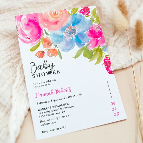 Pretty bohemian floral watercolor baby shower invitation
