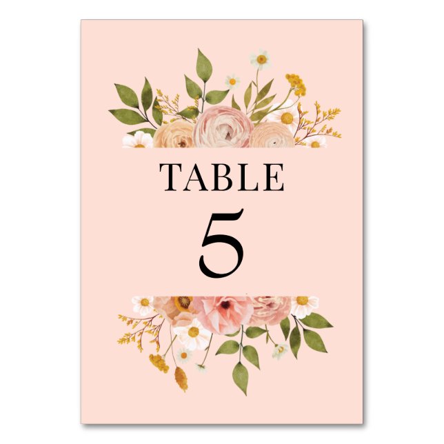 Pretty bohemian floral wedding decor table number (Front)