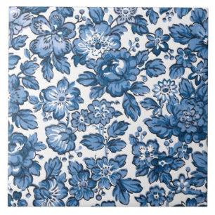 Pretty Boho Blue and White Floral Ceramic Tile