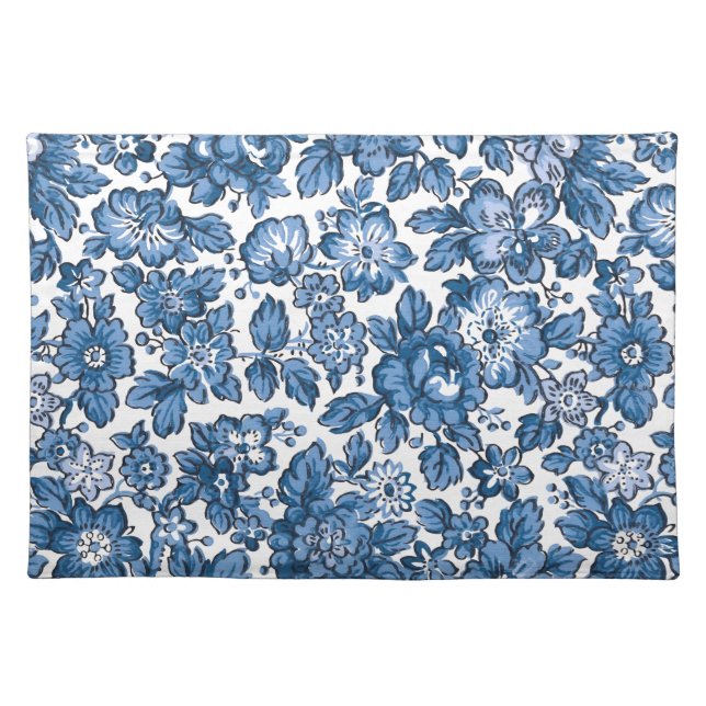 Pretty Boho Blue and White Floral Cloth Placemat (Front)