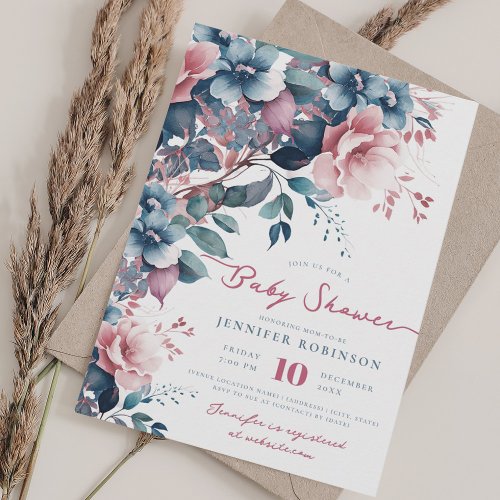 Pretty Boho Blue Garden Floral Baby Shower  Invitation