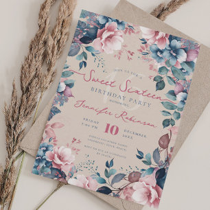 Pretty Boho Blue Garden Floral Sweet 16 Champagne Invitation