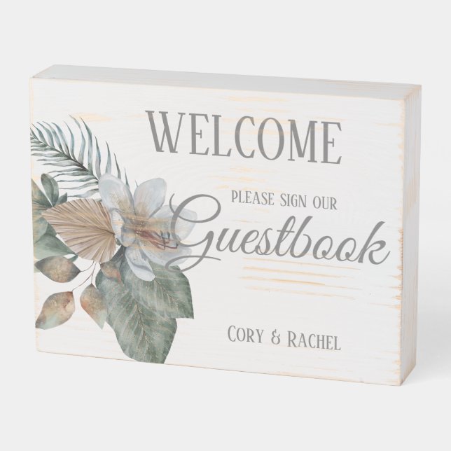 Pretty Boho Bouquet Guestbook Wooden Box Sign (Angled Horizontal)
