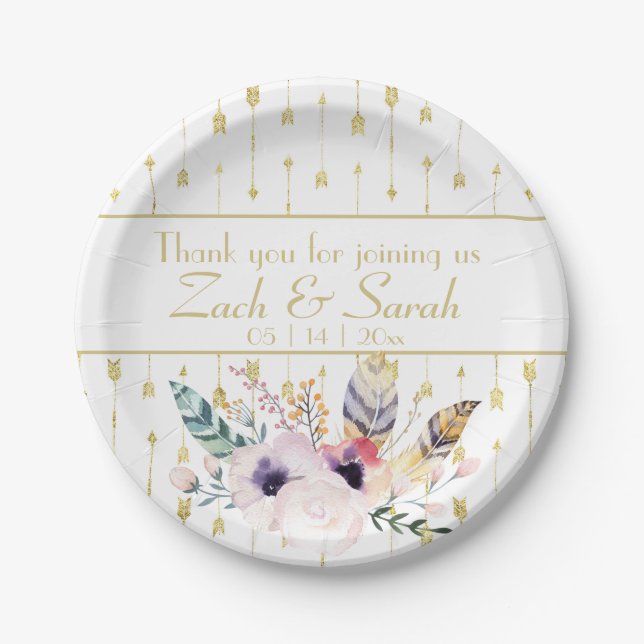 Pretty Boho Bouquet Wedding Paper Plates (Front)