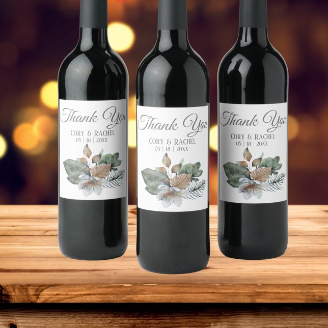 Pretty Boho Bouquet Wedding Thank You Wine Label (Shown on wine bottles - available also for champagne, beer and minis)