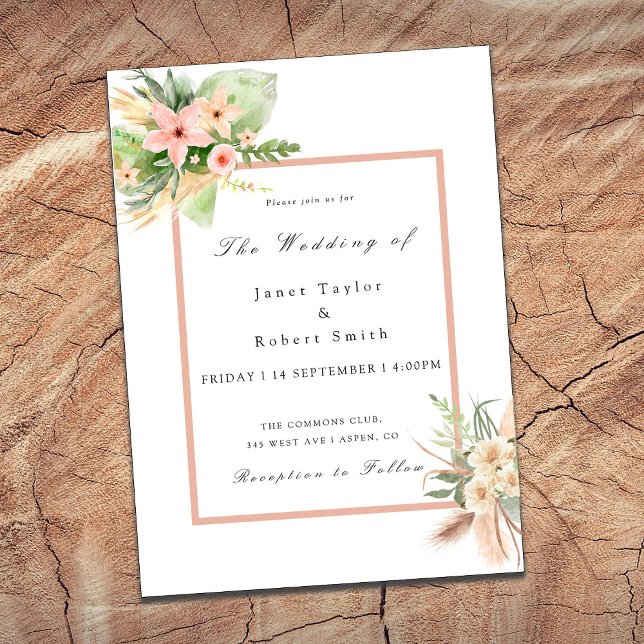 Pretty Boho Bouquet with Blush Border Wedding Invitation (Creator Uploaded)