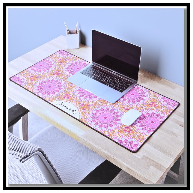 Pretty Boho Chic Pink Gold White Mandala  Desk Mat (Pretty Pink Gold White Mandala Pattern with Custom Name.)