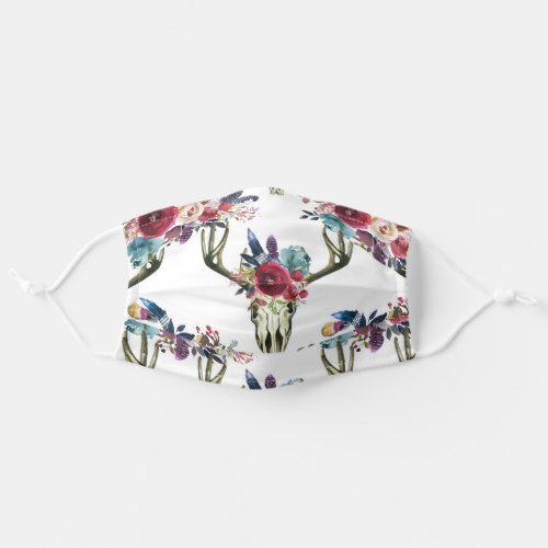 Pretty Boho Cow Skull With Roses  Feathers Adult Cloth Face Mask