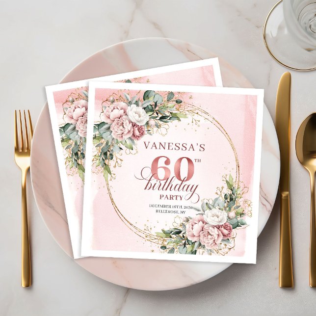 Pretty Boho Dusty Pink Eucalyptus 60th Birthday   Napkins (Pretty Boho Dusty Pink Eucalyptus 60th Birthday Napkins)