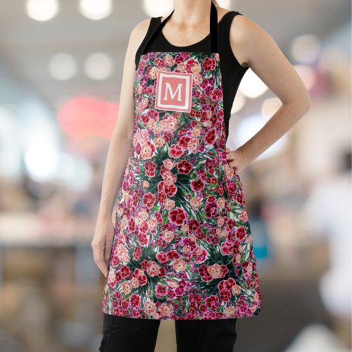 Pretty boho floral red pink peach monogram apron