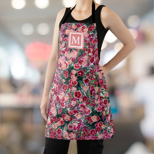 Pretty boho floral red pink peach monogram apron (Creator Uploaded)