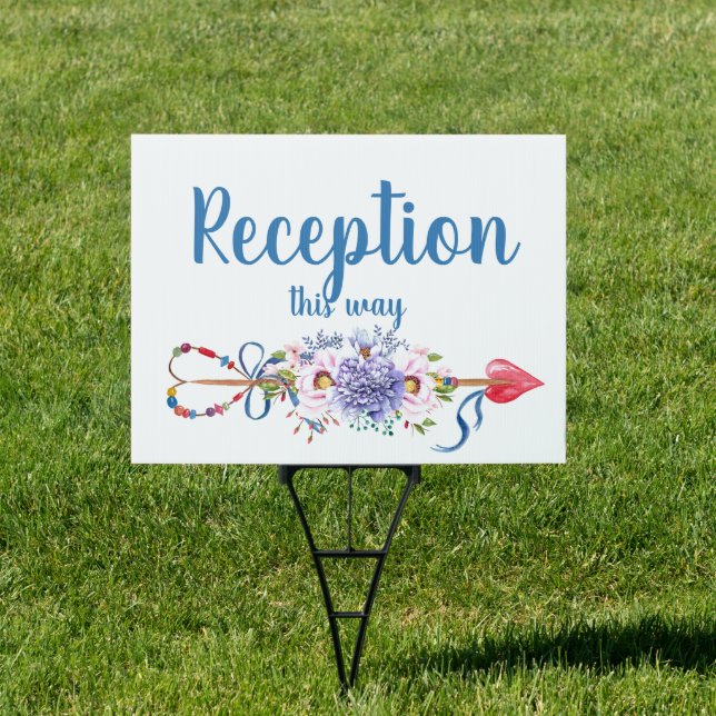 Pretty Boho Floral Wedding Reception Arrow Sign (Insitu)