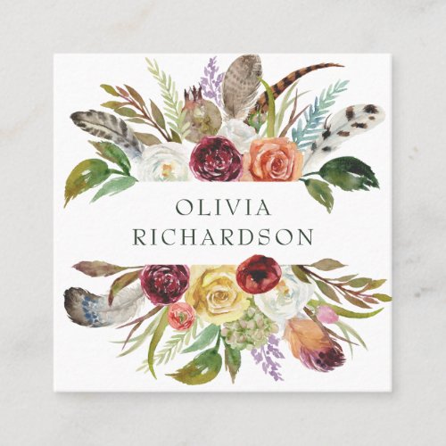Pretty Boho Flowers  Watercolor Square Business Card