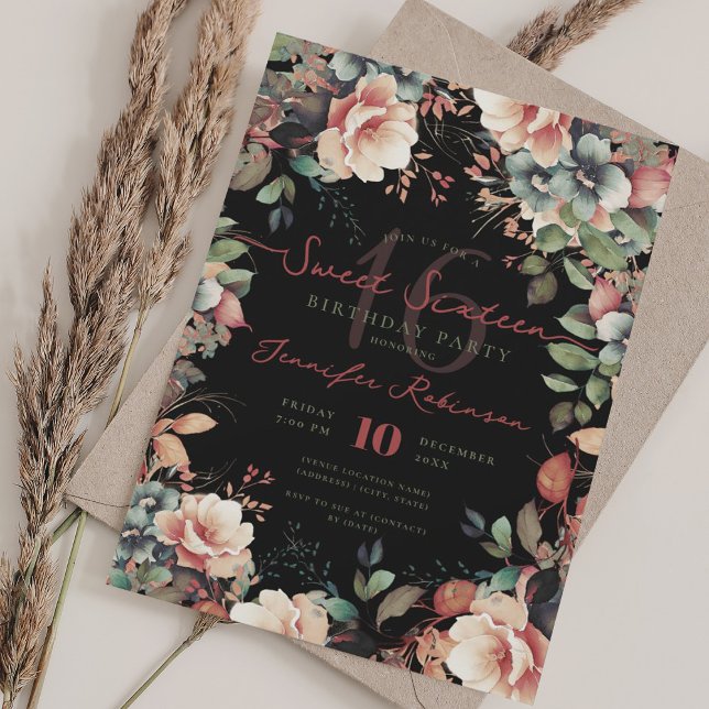 Pretty Boho Garden Floral Sweet 16 Black  Invitation (Pretty Boho Garden Floral Sweet 16 Black Invitation)