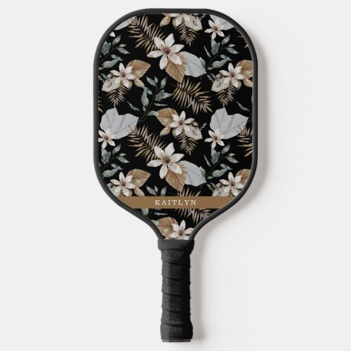 Pretty Boho Gold Tropical Floral and Name  Pickleball Paddle