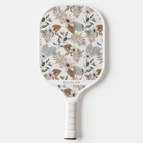 Pretty Boho Gold Tropical Floral and Name Pickleball Paddle