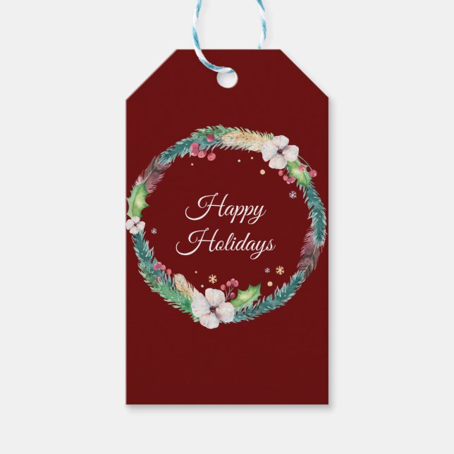 Pretty Boho Holiday Wreath  Gift Tags (Front)