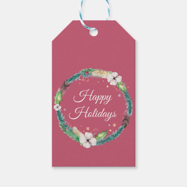 Pretty Boho Holiday Wreath  Gift Tags (Front)