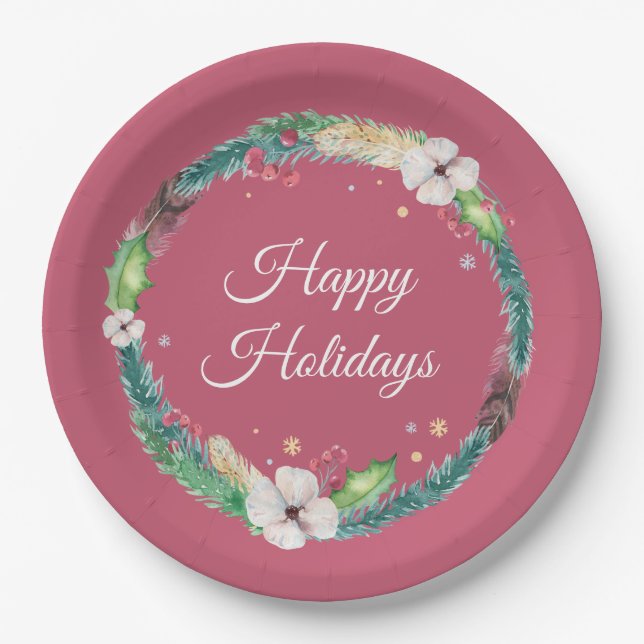 Pretty Boho Holiday Wreath  Paper Plates (Front)