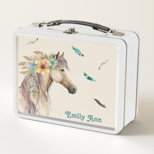 Pretty Boho Horse with Feathers Custom Metal Lunch Box