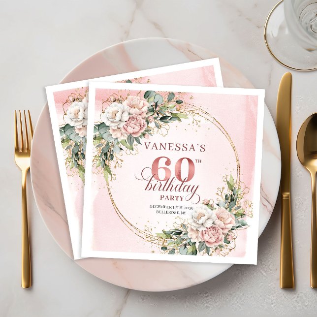 Pretty Boho Light Pink Floral 60th Birthday Napkin (Pretty Boho Light Pink Floral 60th Birthday Napkins)