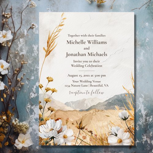 Pretty Boho Mountain Wildflower Wedding Invitation