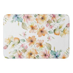 Pretty Boho Orange Pink Watercolor Wildflowers Bath Mat