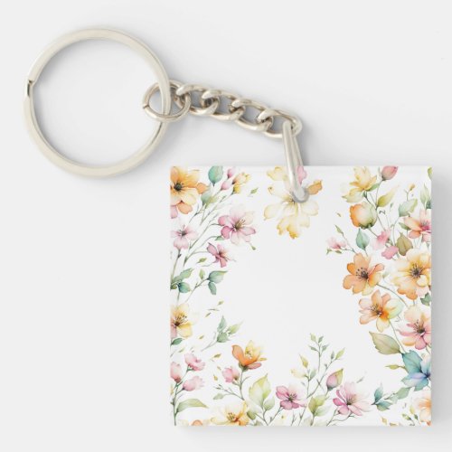 Pretty Boho Orange Pink Watercolor Wildflowers Keychain