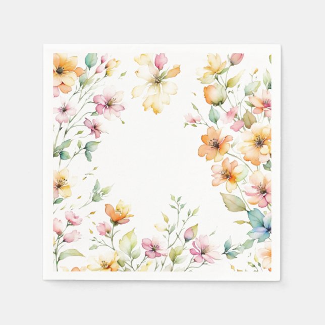 Pretty Boho Orange Pink Watercolor Wildflowers Napkins (Front)