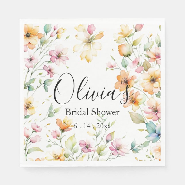 Pretty Boho Orange Pink Watercolor Wildflowers Napkins (Front)
