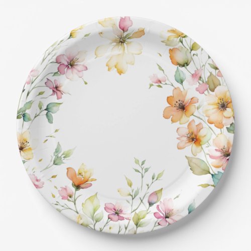 Pretty Boho Orange Pink Watercolor Wildflowers Paper Plates