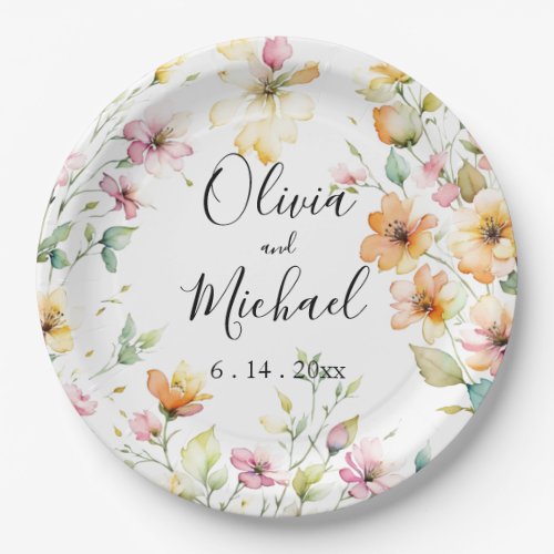 Pretty Boho Orange Pink Watercolor Wildflowers Paper Plates