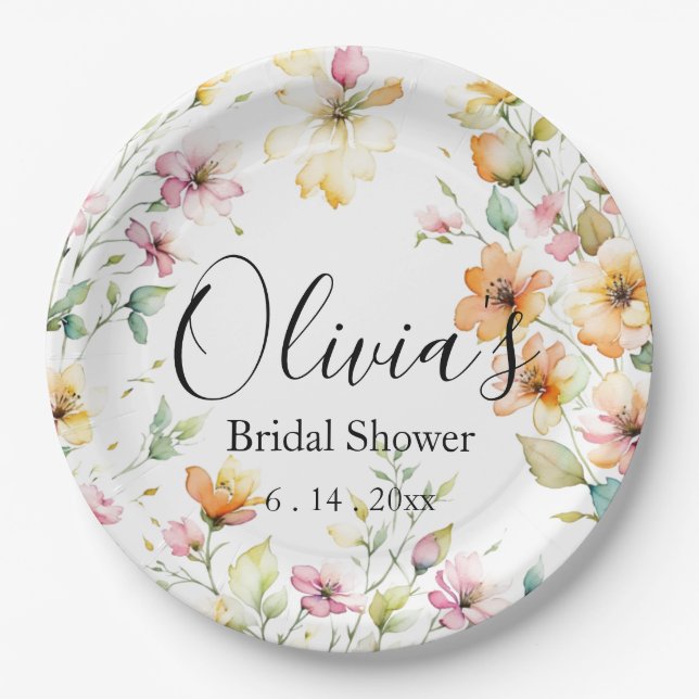 Pretty Boho Orange Pink Watercolor Wildflowers Paper Plates (Front)