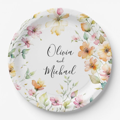 Pretty Boho Orange Pink Watercolor Wildflowers Paper Plates