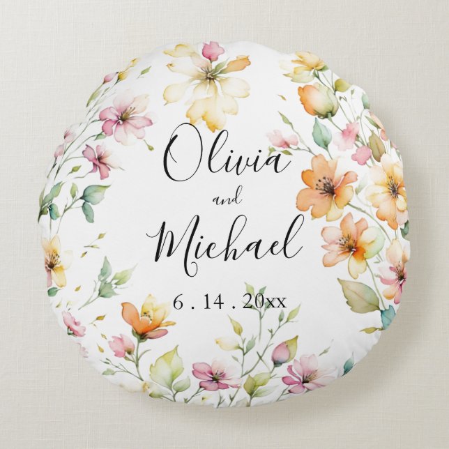 Pretty Boho Orange Pink Watercolor Wildflowers Round Pillow (Front)