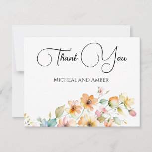 Pretty Boho Orange Pink Watercolor Wildflowers Thank You Card