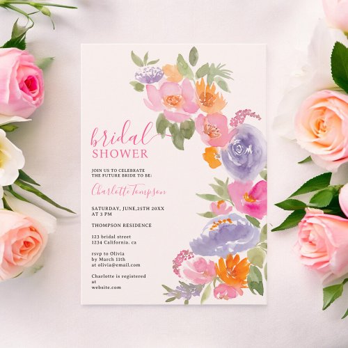 Pretty boho pink floral watercolor bridal shower invitation