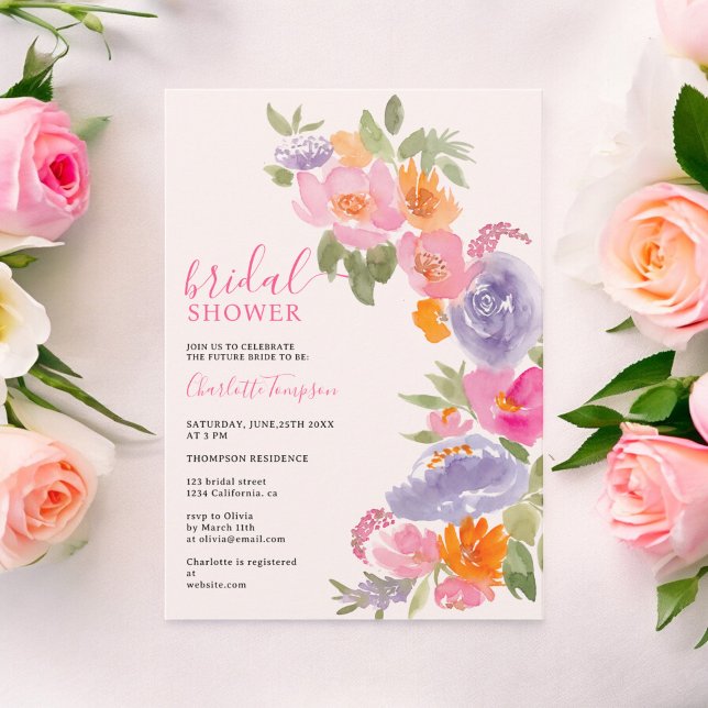 Pretty boho pink floral watercolor bridal shower invitation (Pretty boho pink floral watercolor bridal shower invitation on pink)