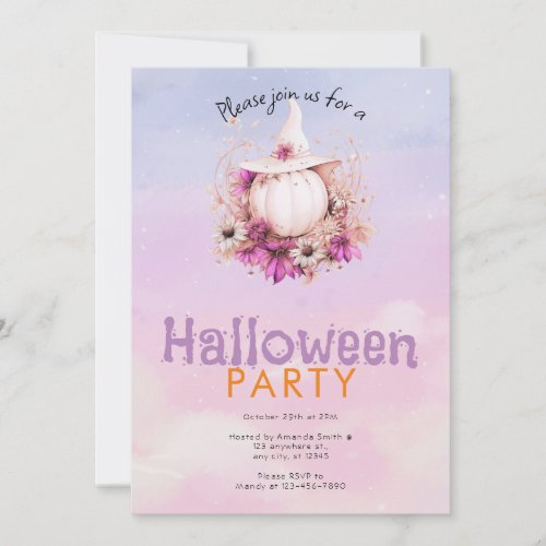 Pretty Boho Pumpkin Witchs Hat Halloween Party Invitation