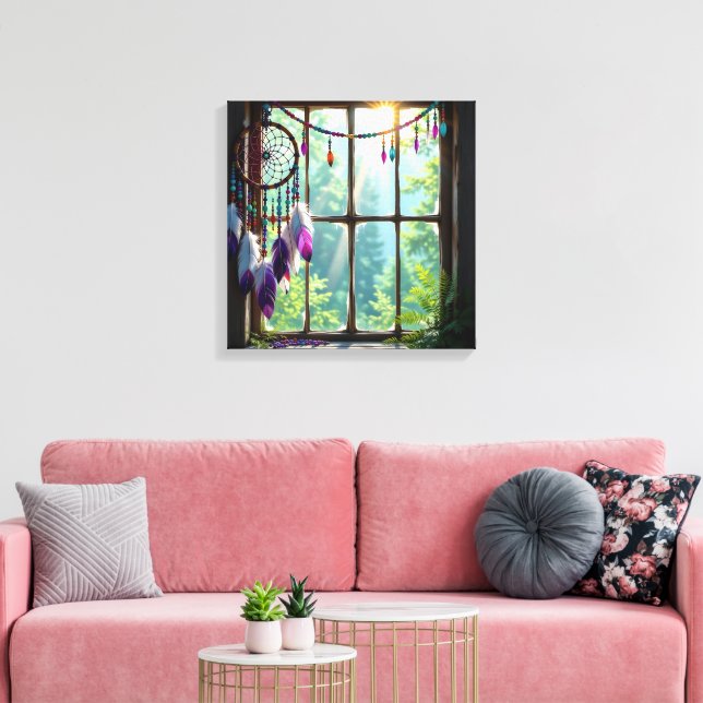 Pretty Boho Purple Dreamcatcher in Window   Canvas Print (Insitu(LivingRoom))